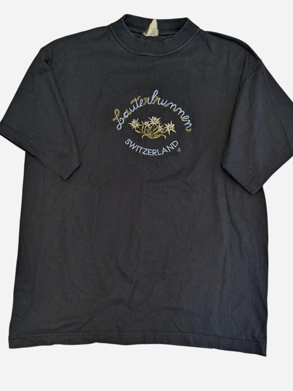 Switzerland Floral Embroidered Black Short‑Sleeve Tee
